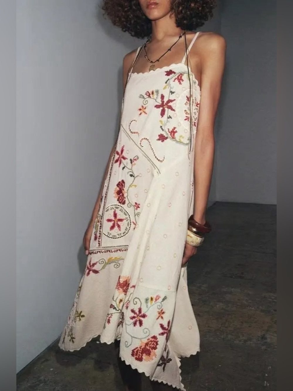Zara Cream Embroidered Slip Dress